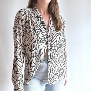 Vintage Black and Cream Leaf Print Blouse